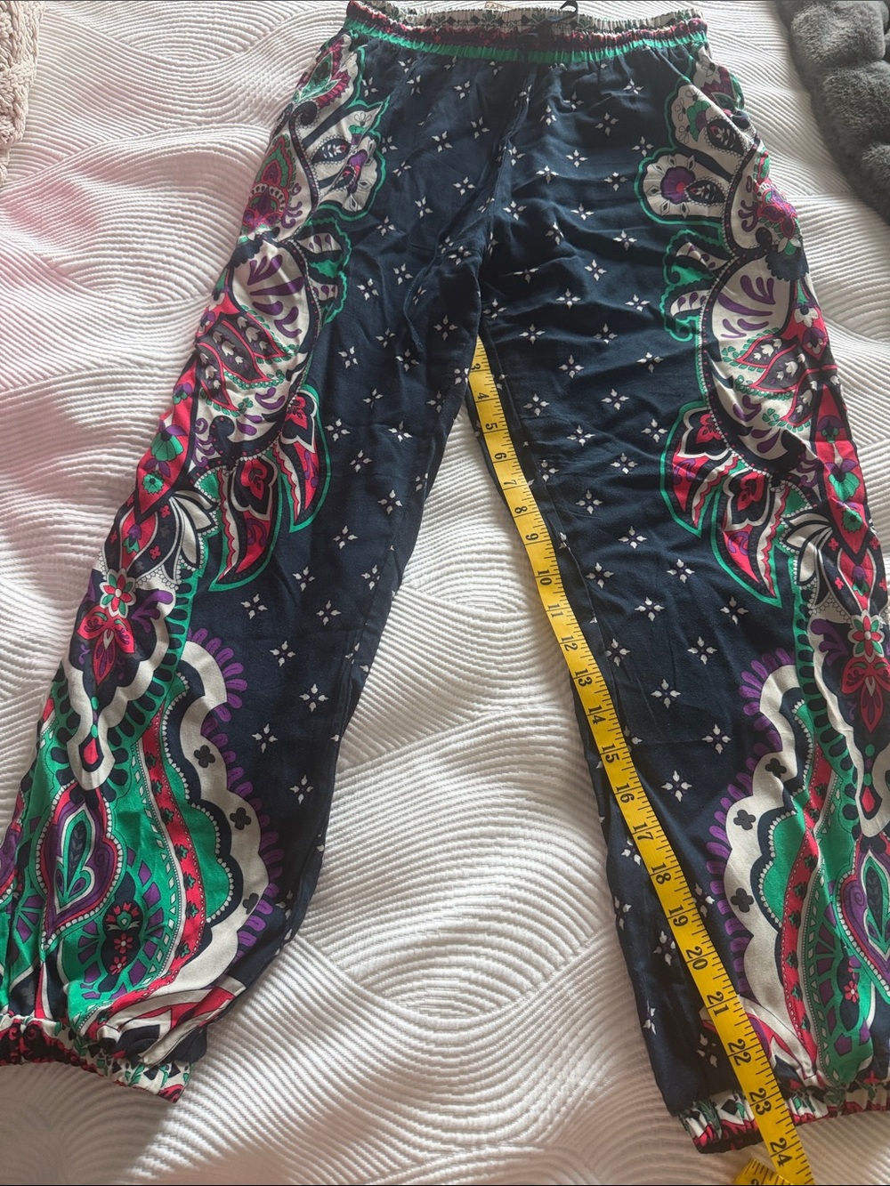Flying Tomato Boho Navy Pants with Green, Purple & Pink Paisley Trim
